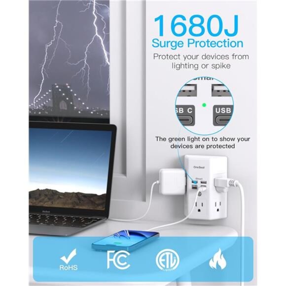 Surge Protector, 5 Outlets Extender with 4 USB Ports(USB C), 3-Side 1680J Power - Picture 5 of 8